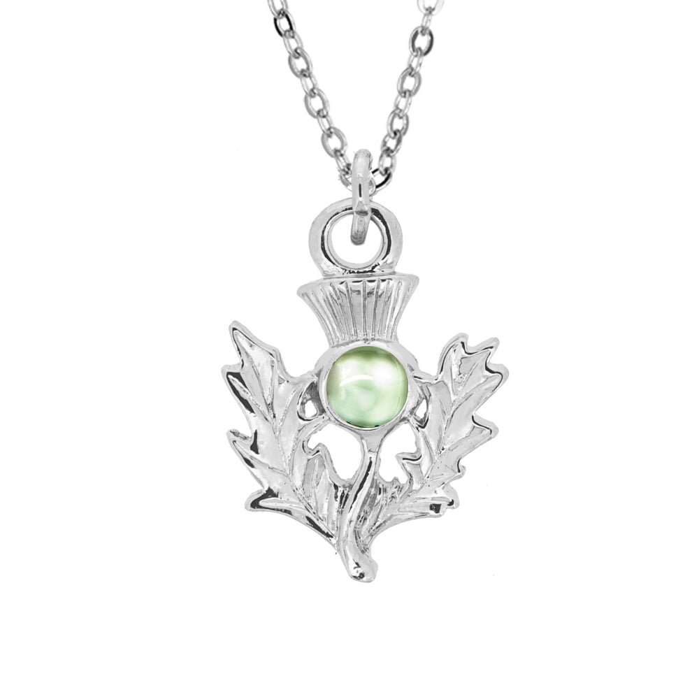 Art Pewter Scottish Thistle Birthstone Pendant - Silver Plated Pewter - Made in Scotland - August (Peridot)