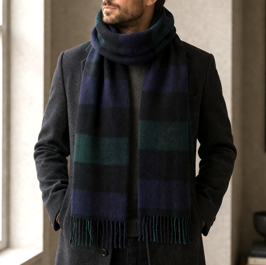 100% Lambswool Scarf – Traditional Tartan & Check Designs - Made in Scotland - 5 Square Tartan - Blue/Green