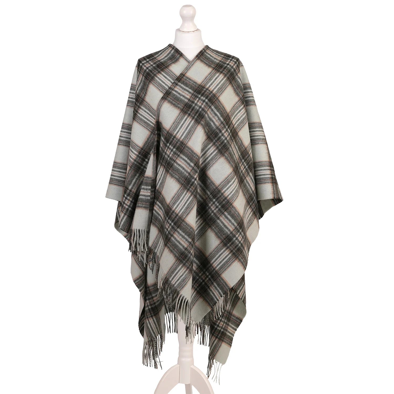 Edinburgh Lambswool Long Tartan Cape Royal Stewart Vintage Duck Egg