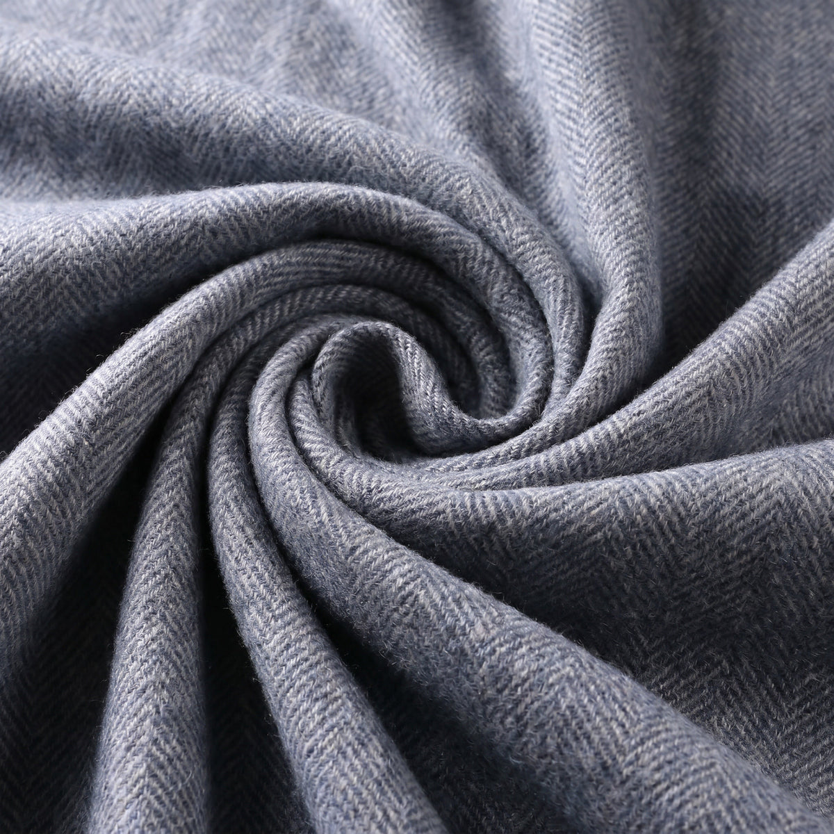 Recycled Wool Herringbone Blanket with Fringe - Soft Warm Throw - DENIM