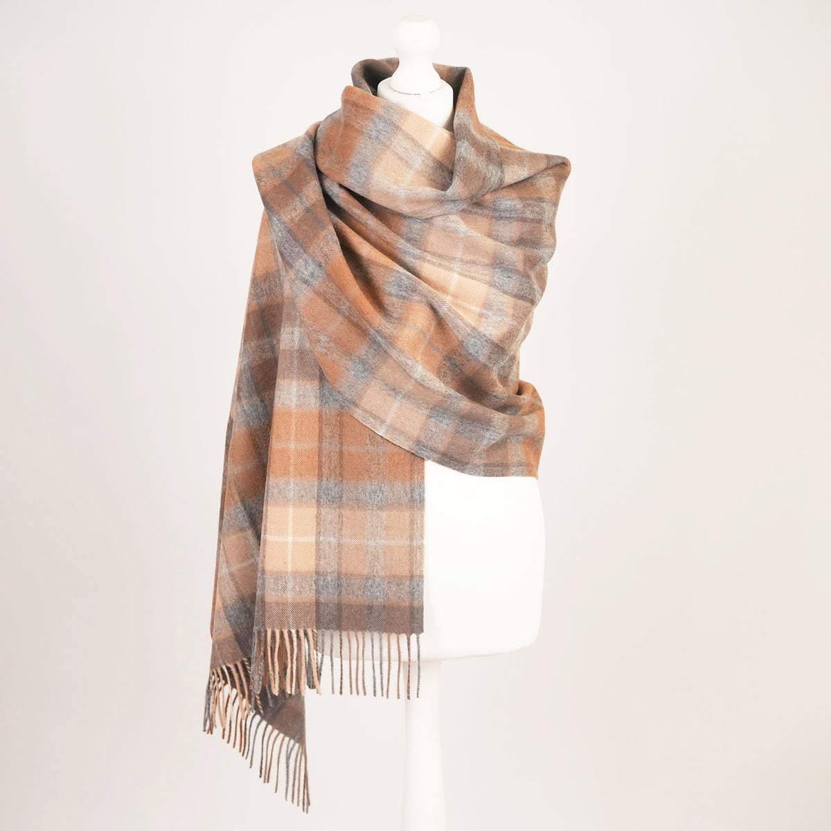 Edinburgh Lambswool Tartan Stole - Soft Luxury Check Wrap with Fringe - BUCHANAN NATURAL