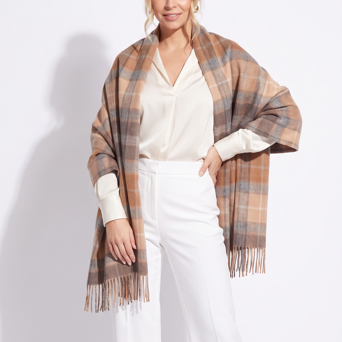 Edinburgh Lambswool Tartan Stole - Soft Luxury Check Wrap with Fringe - BUCHANAN NATURAL