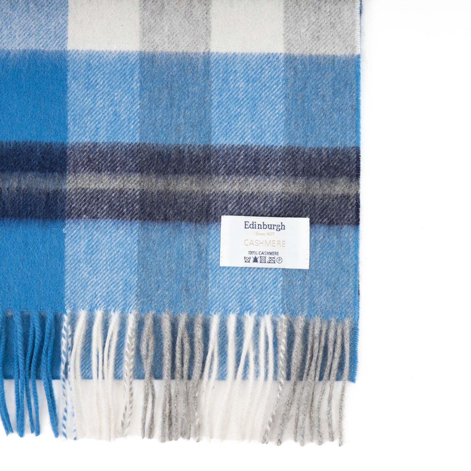 100% Cashmere Wide Tartan Scarf Scots Check - Kintyre Blue/Pewter