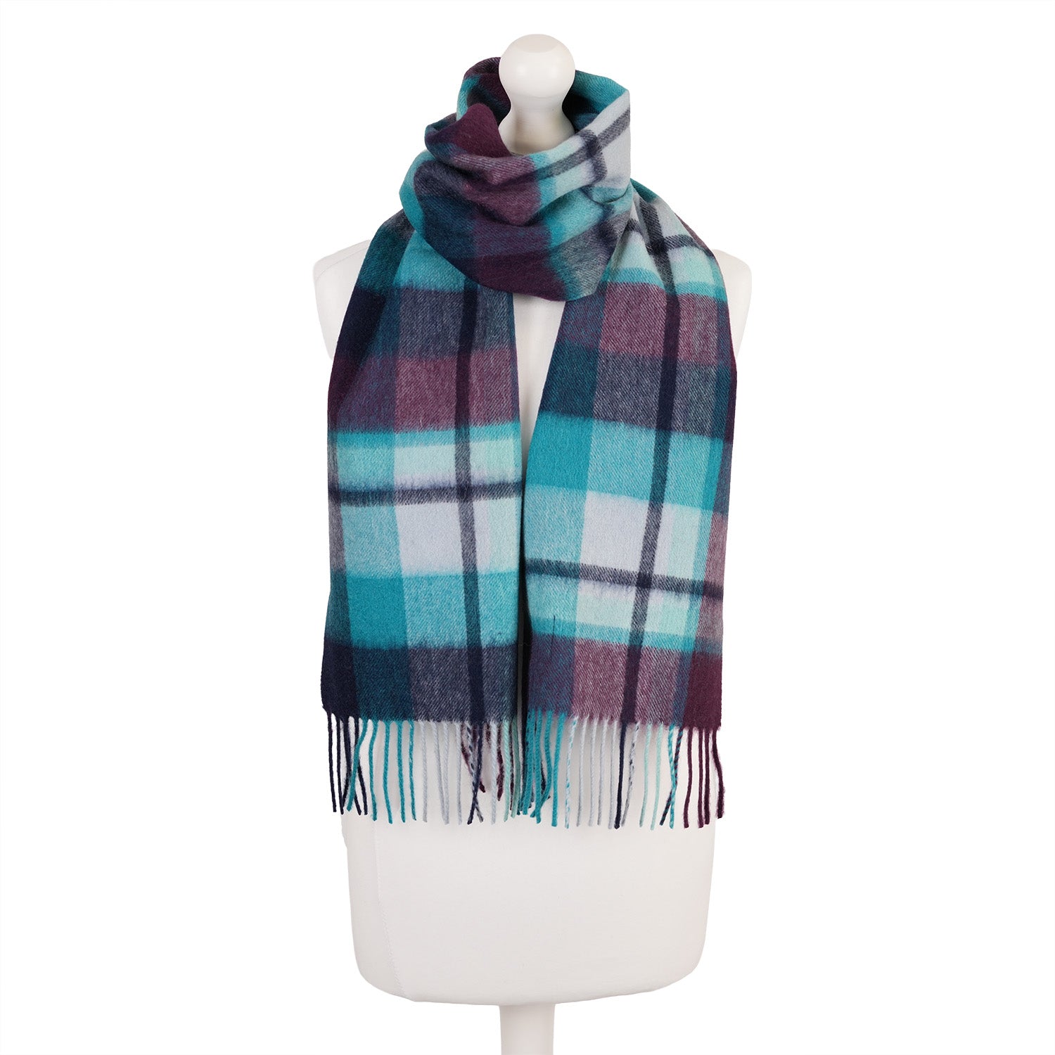 Edinburgh 100% Lambswool Tartan Scarf Myriad Check - Aqua/Navy/Bordeaux