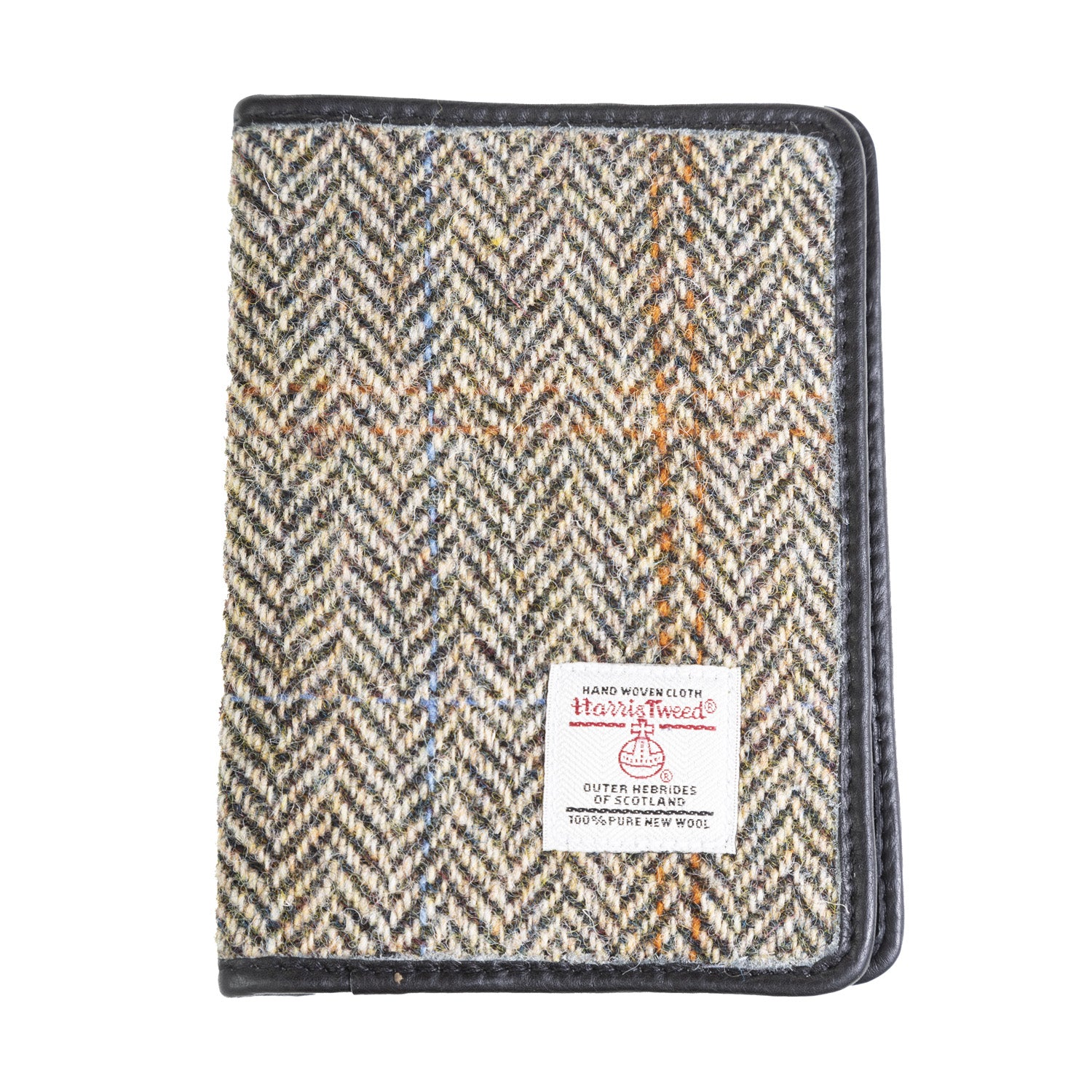 Harris Tweed Leather Passport Cover Tan & Brown Herringbone / Black