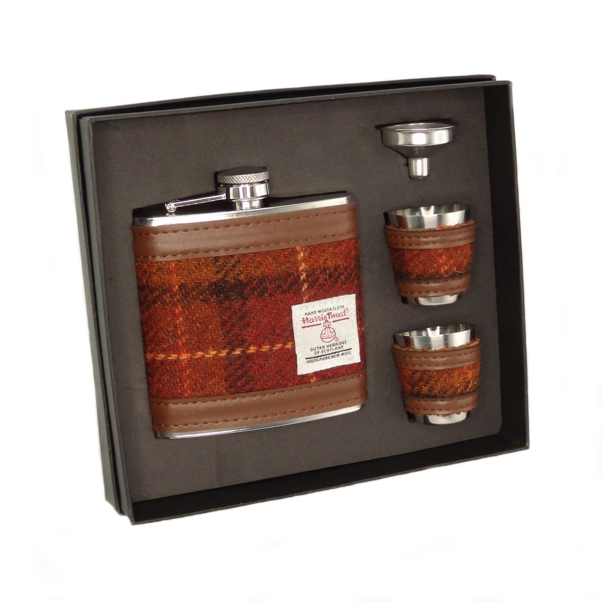 Harris Tweed 6oz Hip Flask Gift Set – Flask, Funnel and Cups - Rust with Orange Overcheck (COL117)