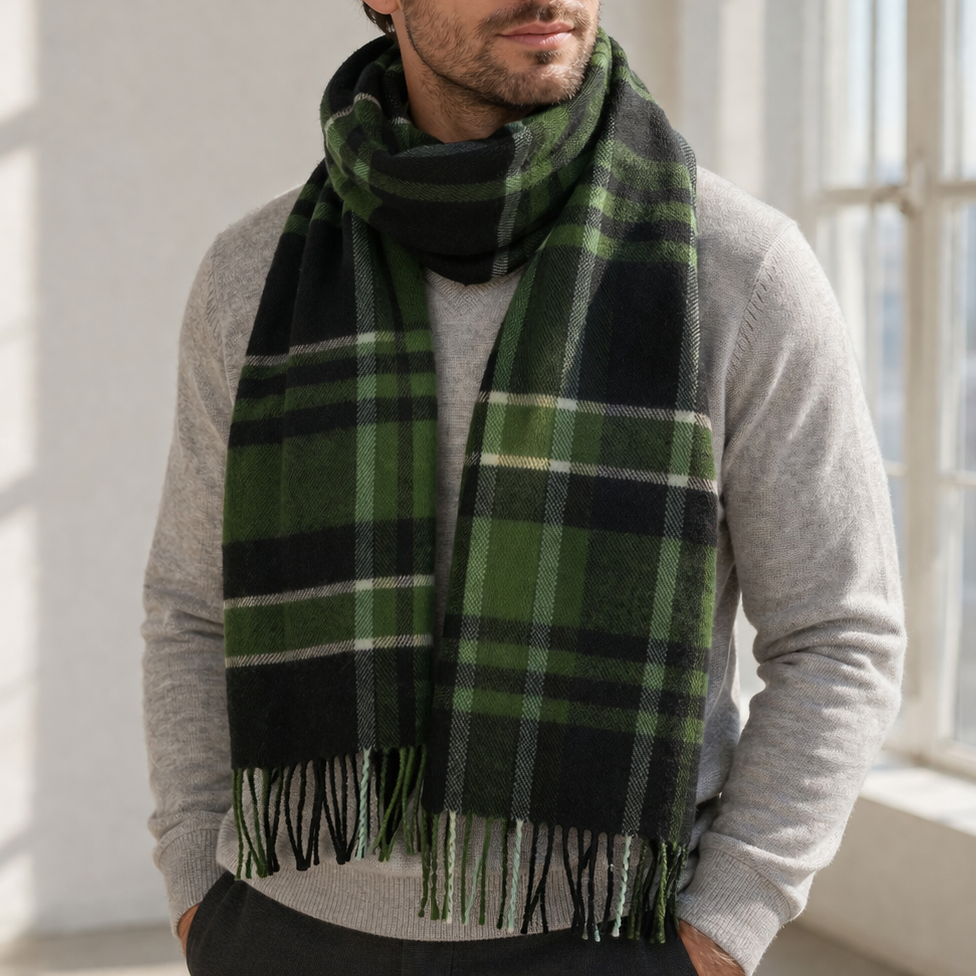 100% Lambswool Scarf – Traditional Tartan & Check Designs - Made in Scotland - Amy Green Black