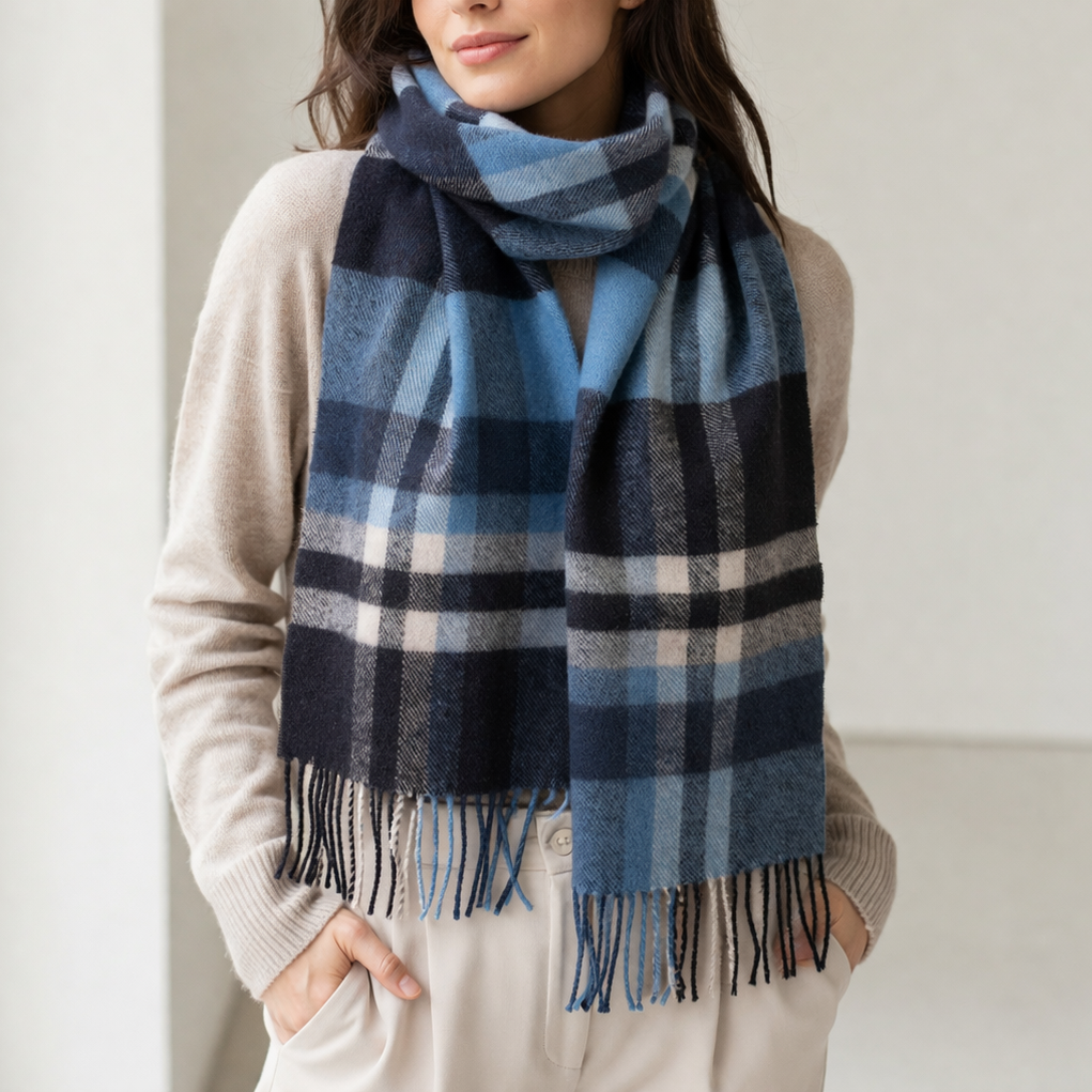 100% Lambswool Scarf – Traditional Tartan & Check Designs - Made in Scotland - Fashion Blue