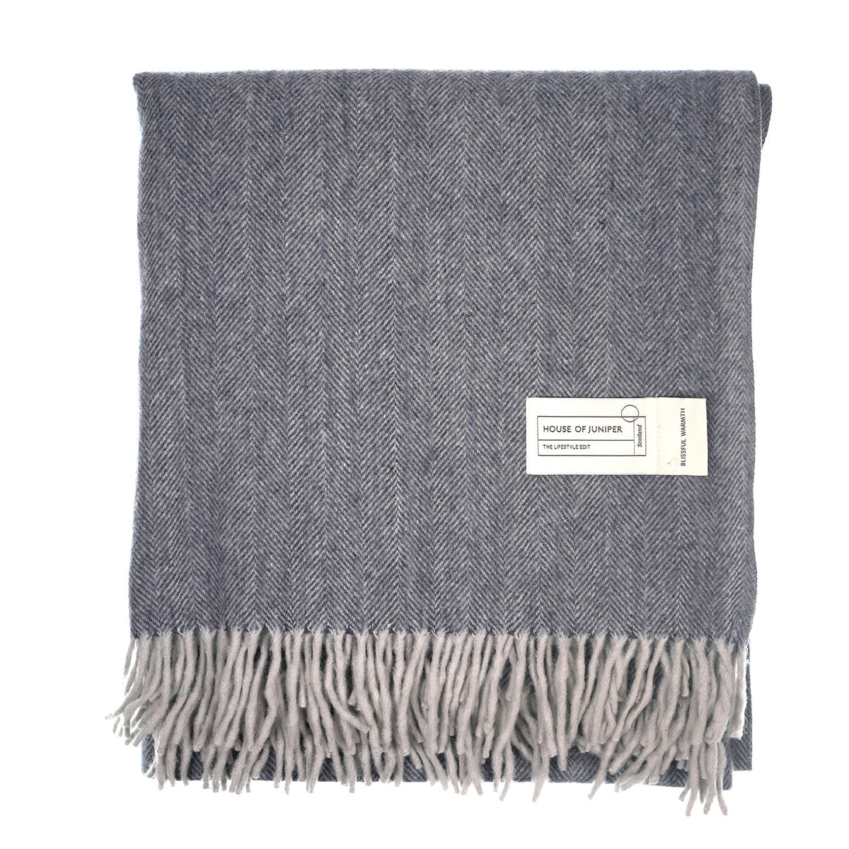 Recycled Wool Herringbone Blanket with Fringe - Soft Warm Throw - DENIM