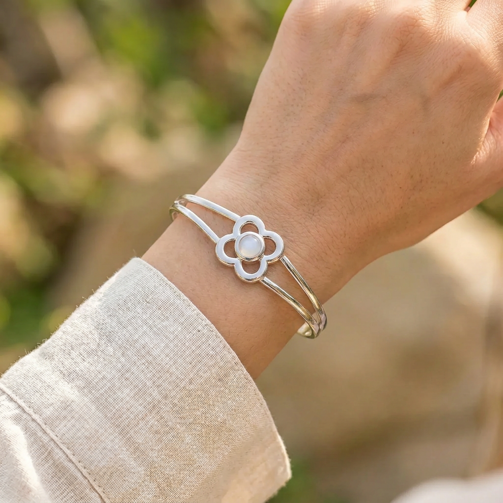 Art Pewter Birthstone Bangle - Silver Plated Pewter - Made in Scotland - October (Opal)