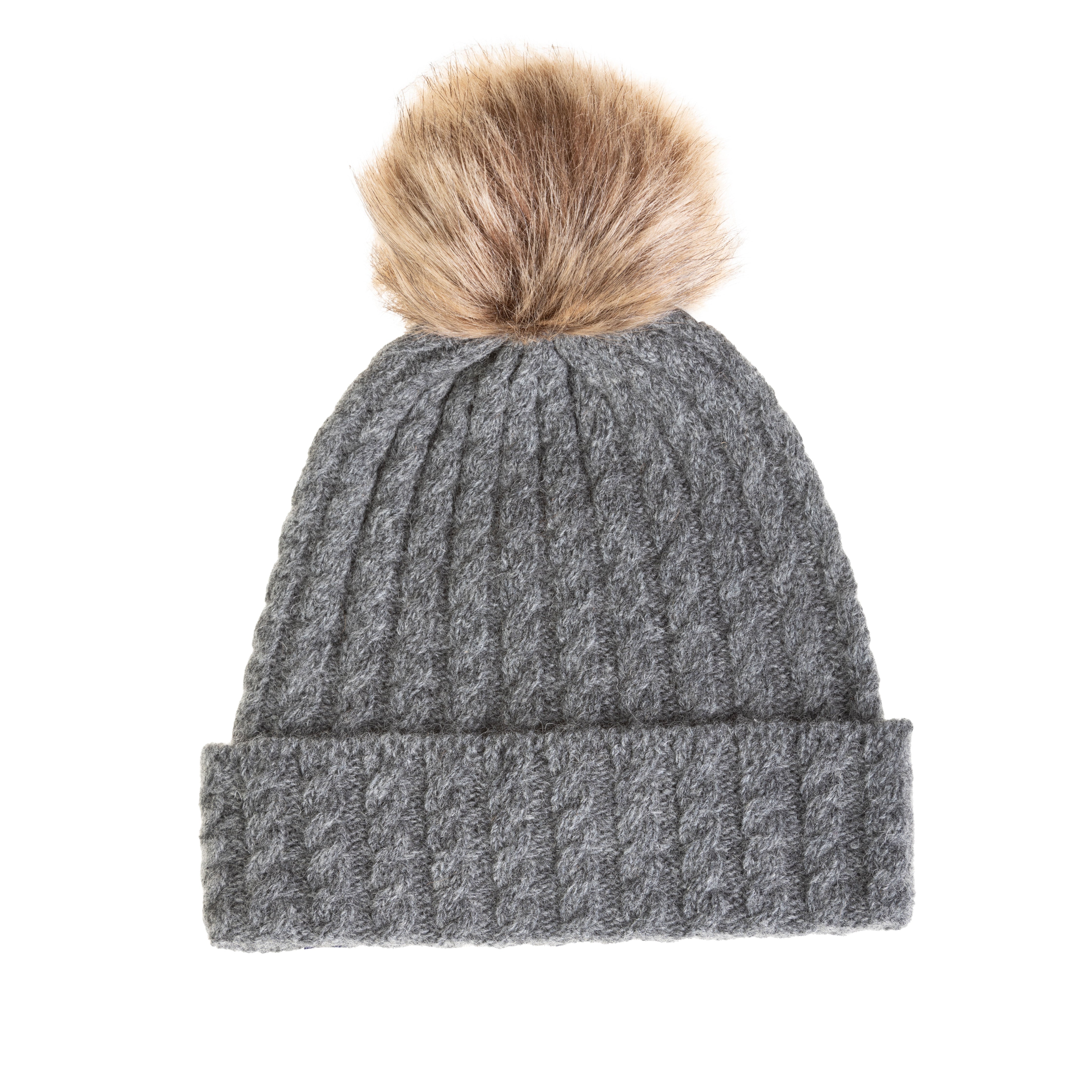 Ladies Cable Lambswool Mix Beanie Pom Charcoal