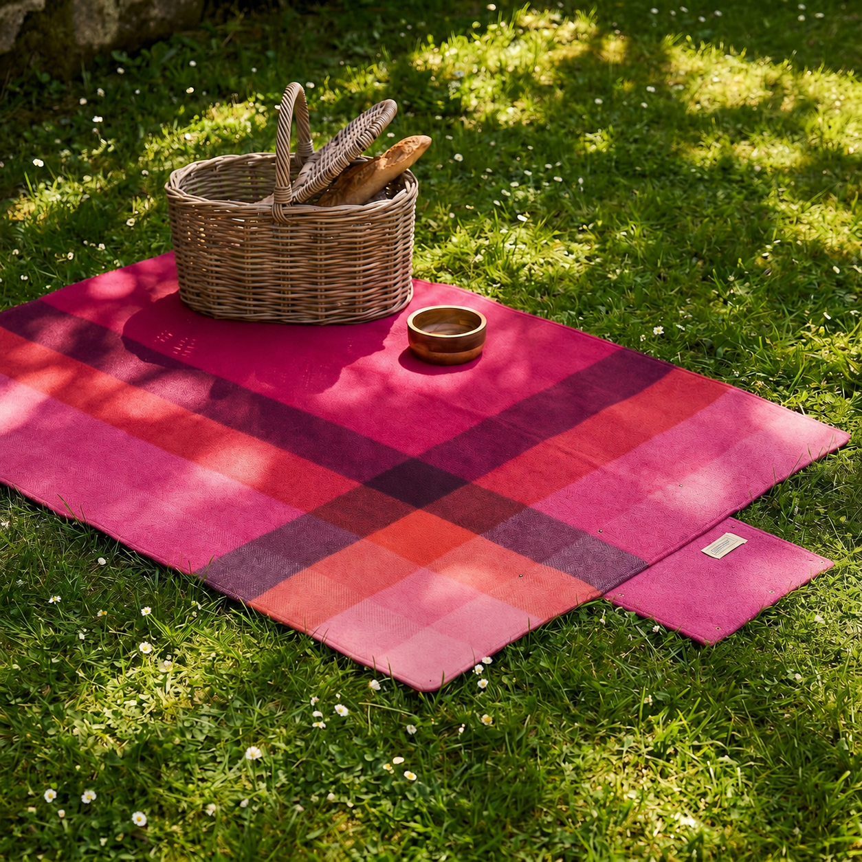 Woodside Check Foldaway Picnic Blanket with Carry Strap – Recycled Wool - PURPLE