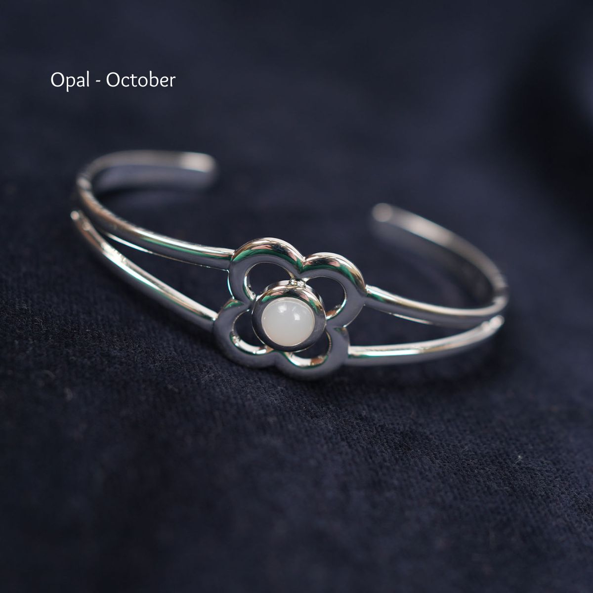 Art Pewter Birthstone Bangle - Silver Plated Pewter - Made in Scotland - October (Opal)