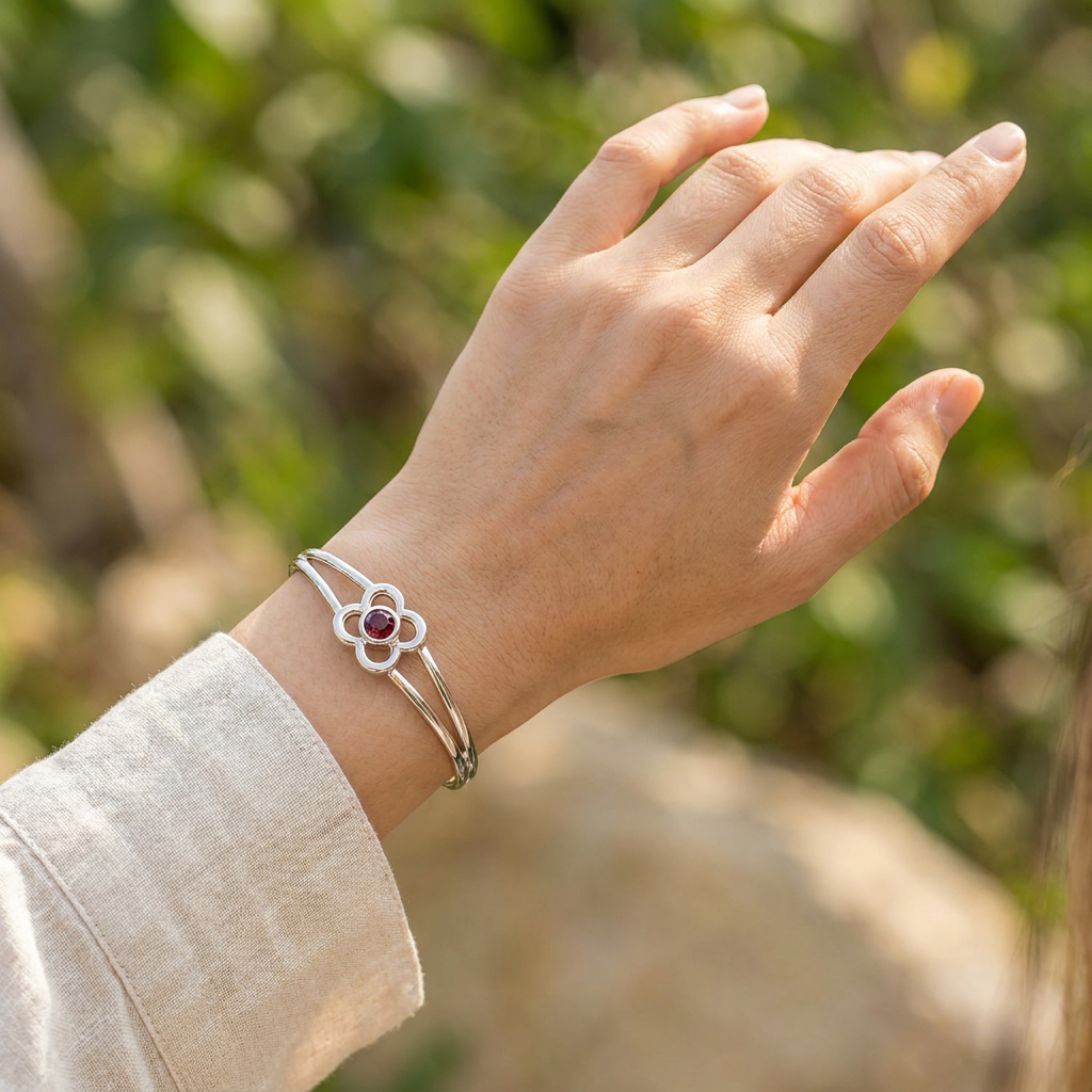Art Pewter Birthstone Bangle - Silver Plated Pewter - Made in Scotland - January (Garnet)