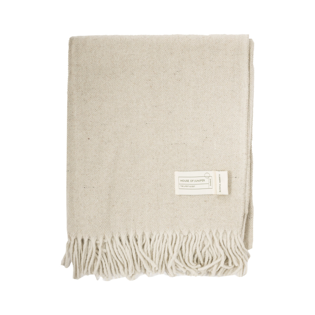 Recycled Wool Herringbone Blanket with Fringe - Soft Warm Throw - SAND BEIGE/NATURAL