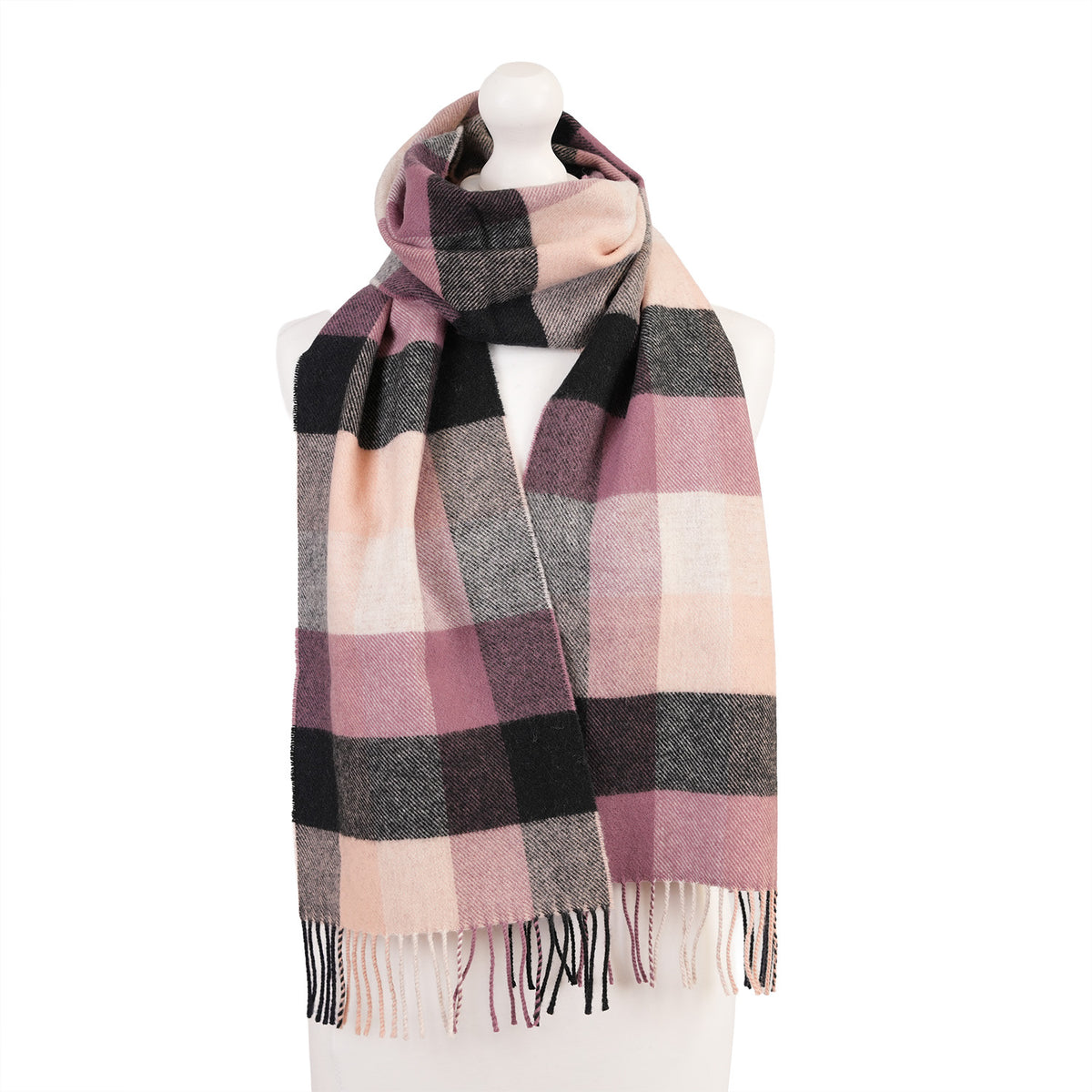 100% Lambswool Scarf – Traditional Tartan & Check Designs - Made in Scotland - 5 Square Check Grey