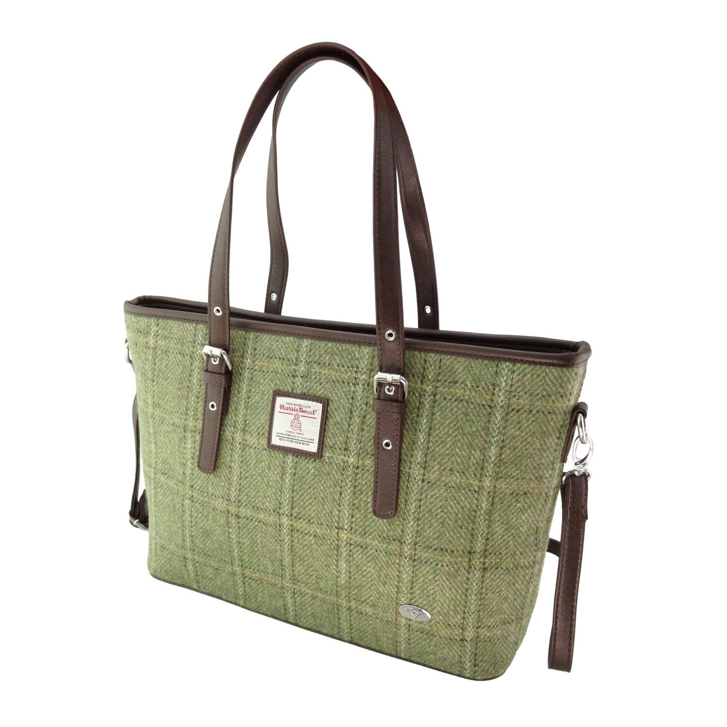 Harris Tweed Spey Tote Bag - Large Adjustable Shoulder Tote - Green Herringbone with Overcheck (COL153)