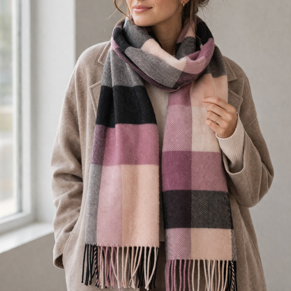 100% Lambswool Scarf – Traditional Tartan & Check Designs - Made in Scotland - 5 Square Check Grey