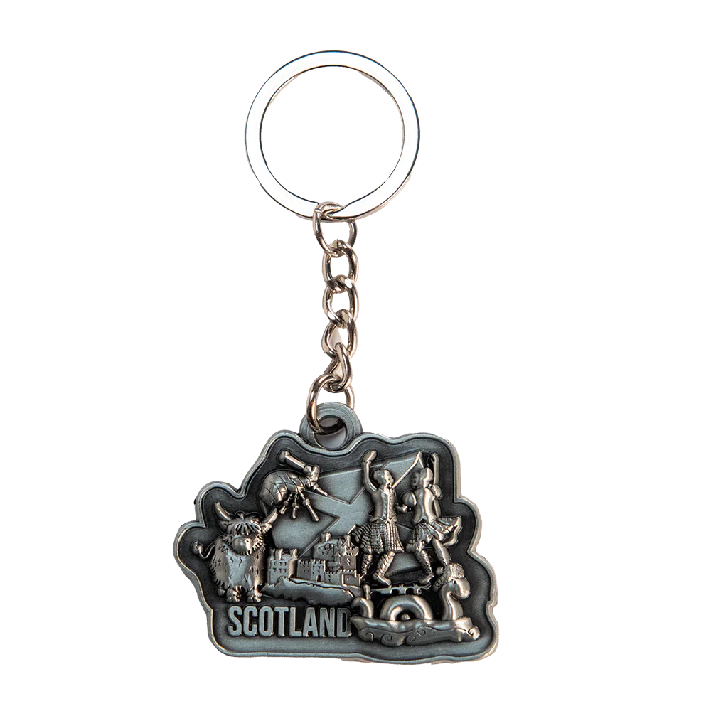 Brushed Metal Scottish Keyring / Keychain – Scotland Dancers Collage