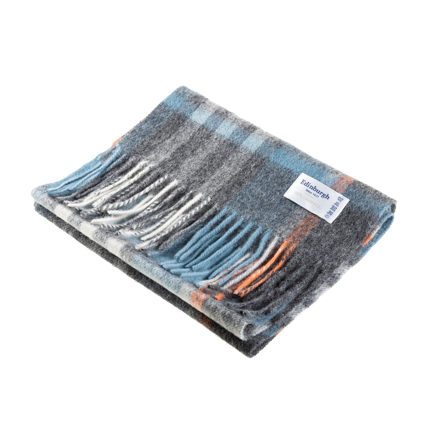 Edinburgh 100% Lambswool Scarf – Premium Soft Wool Wrap - CHEQUER ORANGE GREY L BLUE (24534)
