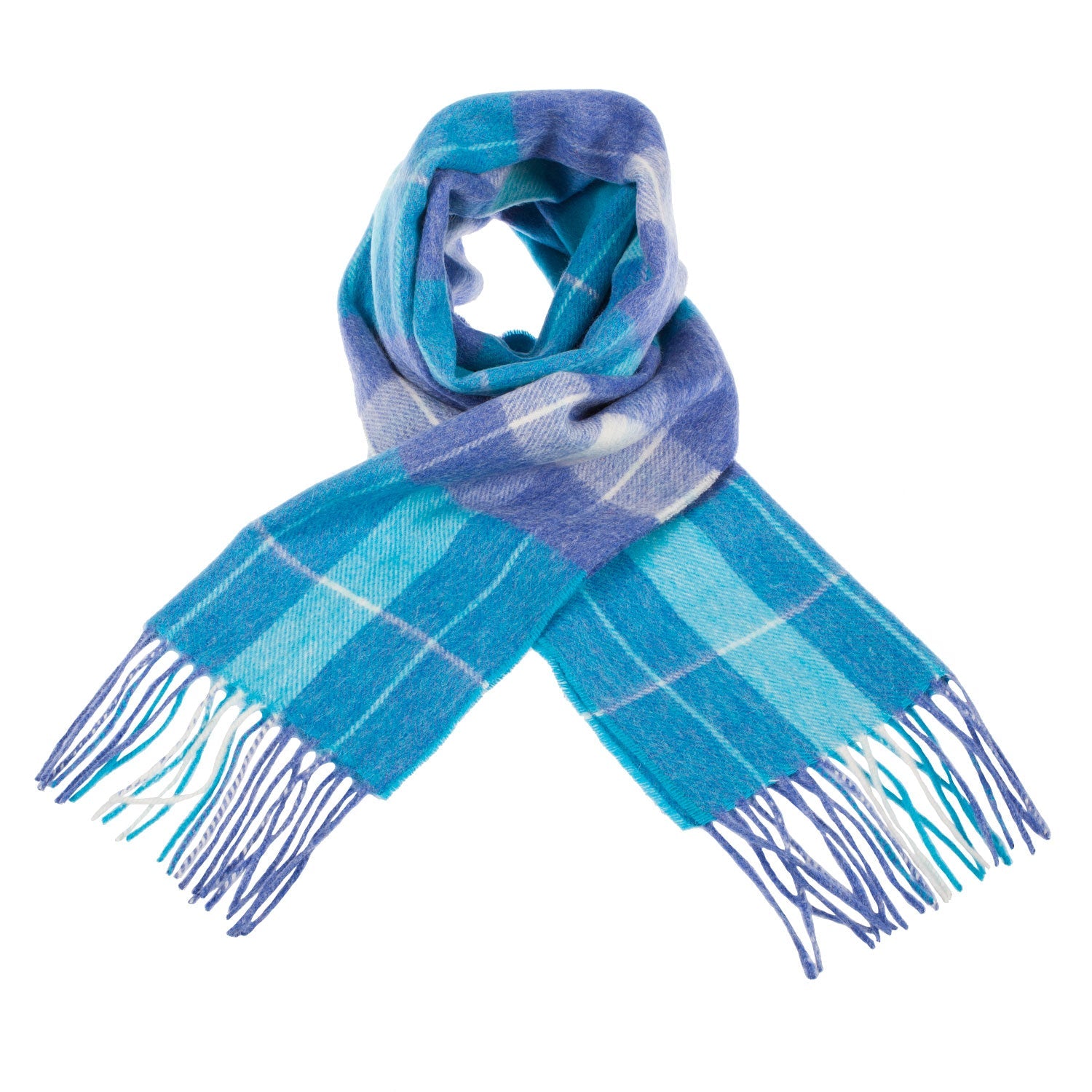 Edinburgh 100% Lambswool Scarf – Premium Soft Wool Wrap - HEIVON CHECK - DENIM/AQUA/LAZULI