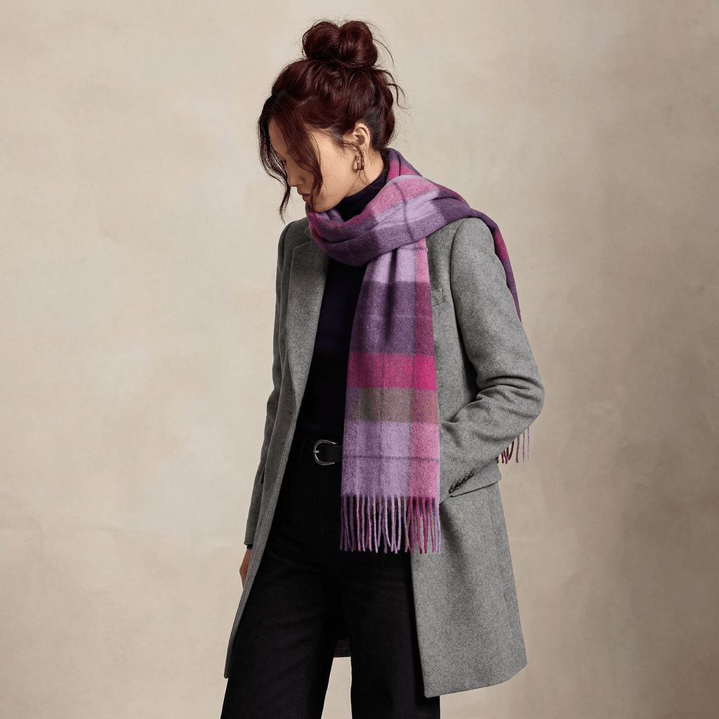 Edinburgh 100% Lambswool Scarf – Premium Soft Wool Wrap - MIXED CHECK - HEATHER/PINK