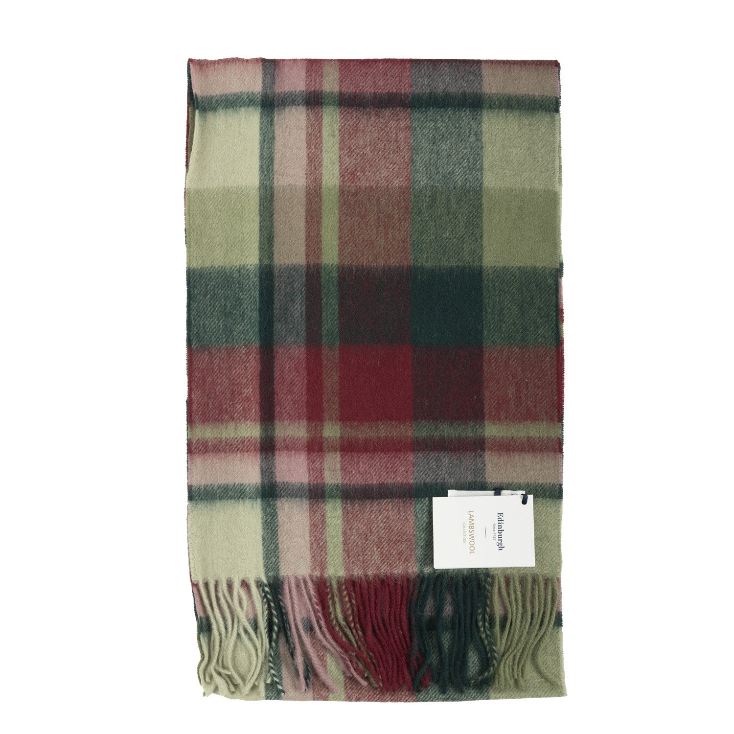 Edinburgh 100% Lambswool Scarf – Premium Soft Wool Wrap - Myriad Check - Khaki/Bordeaux