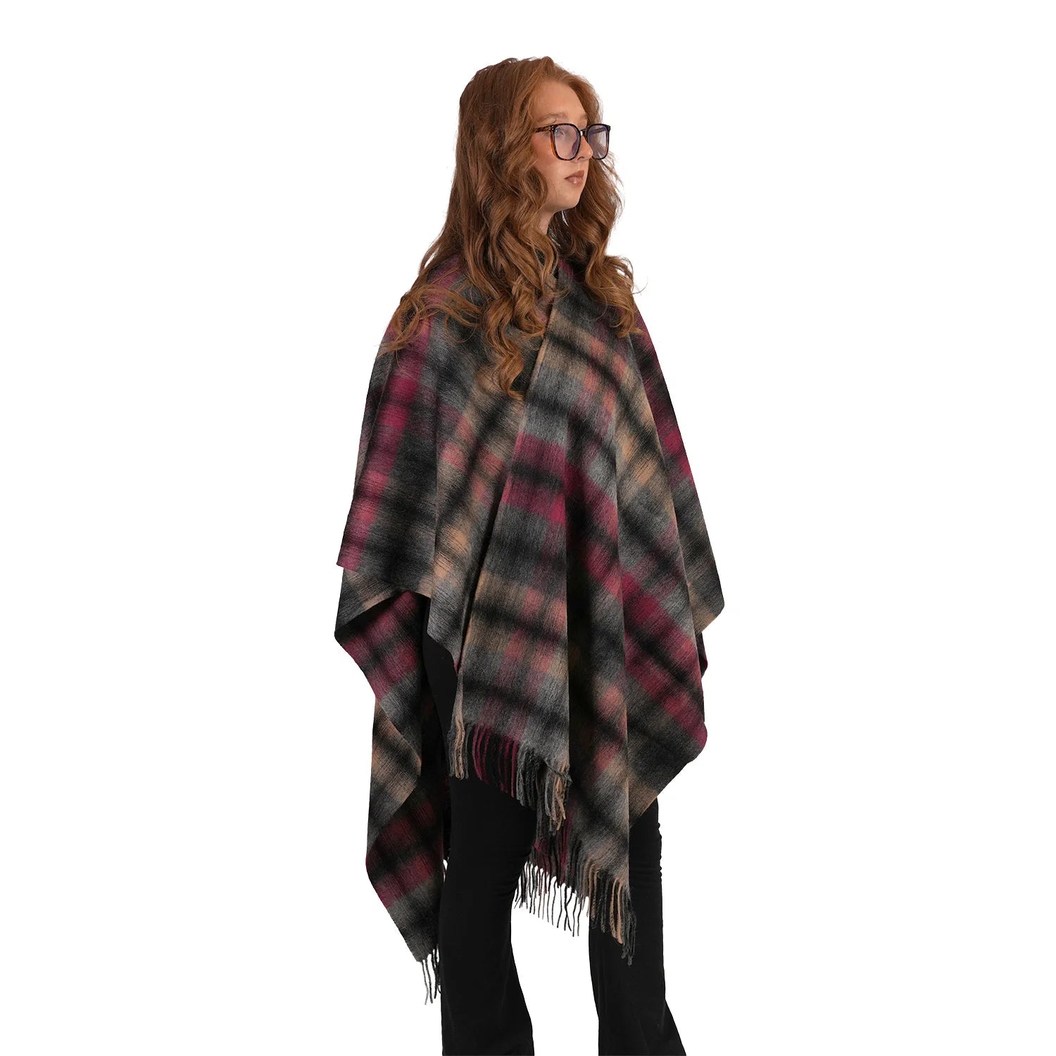 Edinburgh Lambswool Long Tartan Cape Graded Block Check - Dress Black