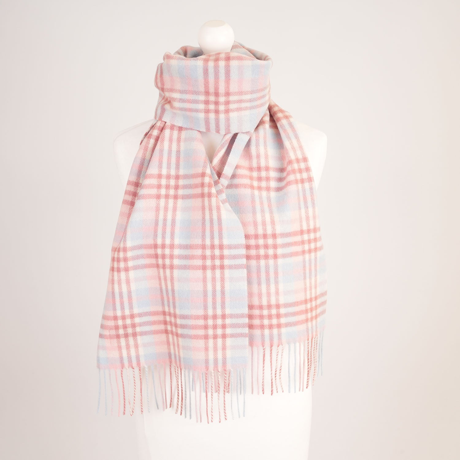 Edinburgh 100% Lambswool Scarf – Premium Soft Wool Wrap - Cluster Gingham Lilac - Pink - White