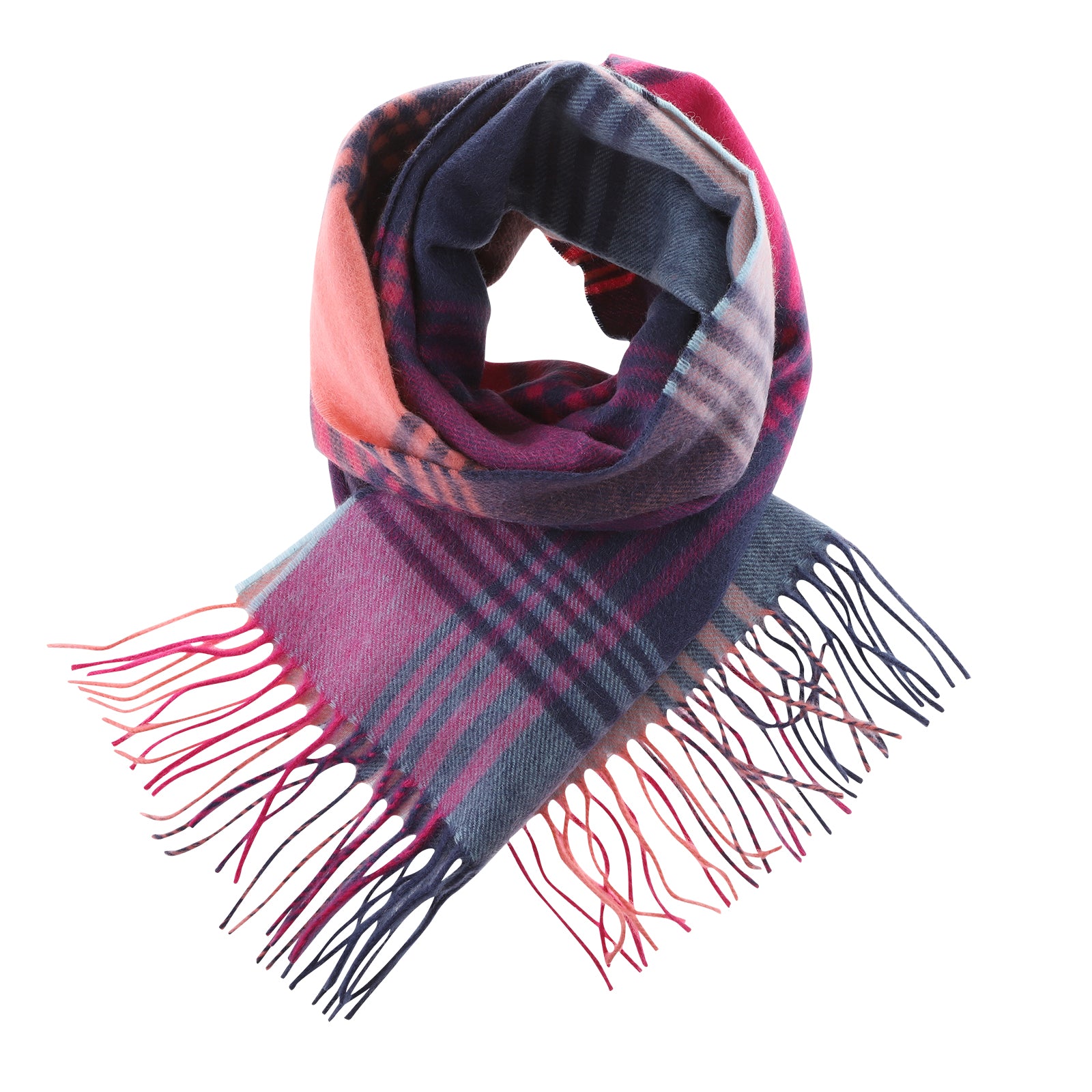 100% Cashmere Wide Tartan Scarf Broken Check - Orange/Pink/Denim