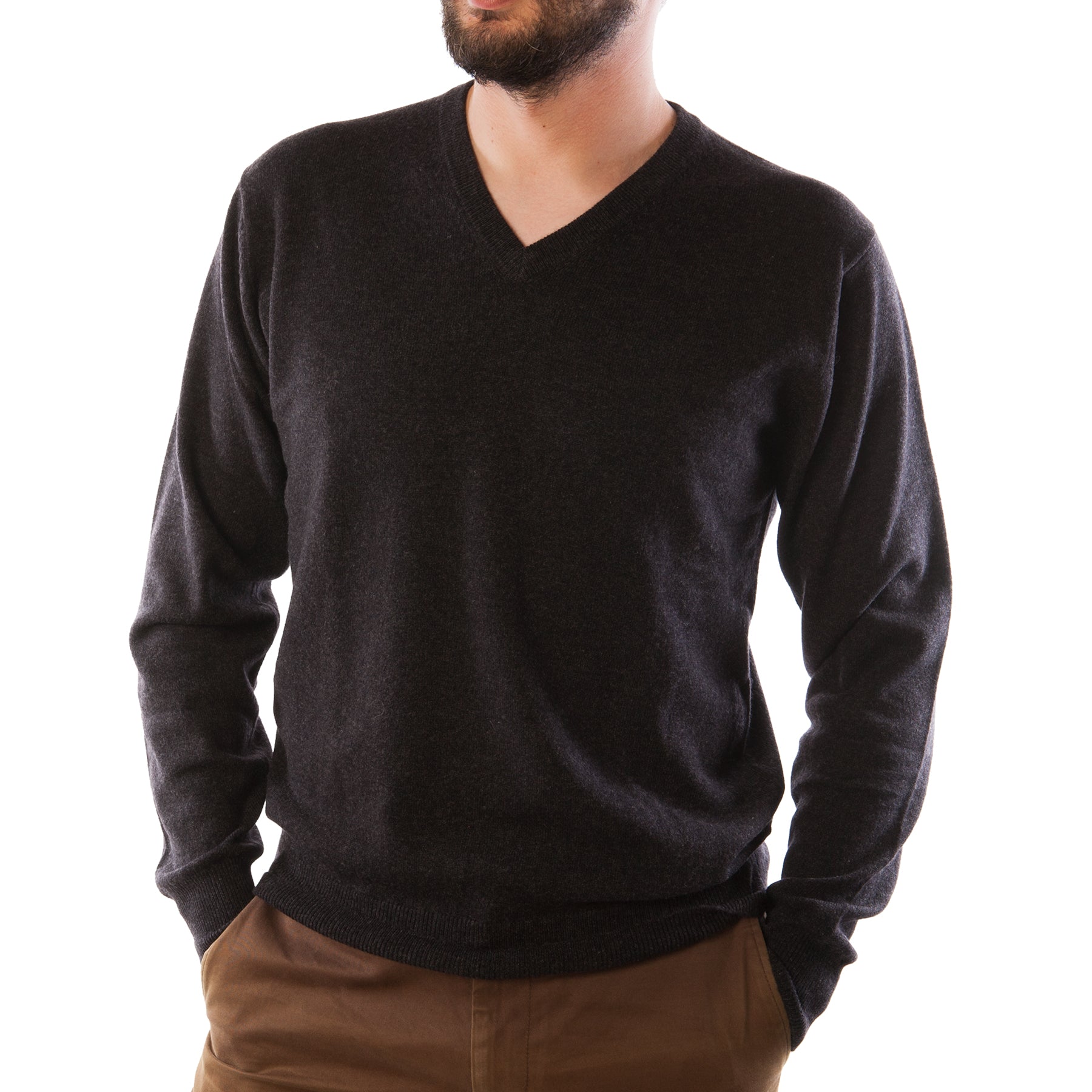 100% Cashmere V-Neck Plain Men's Jumper Charcoal