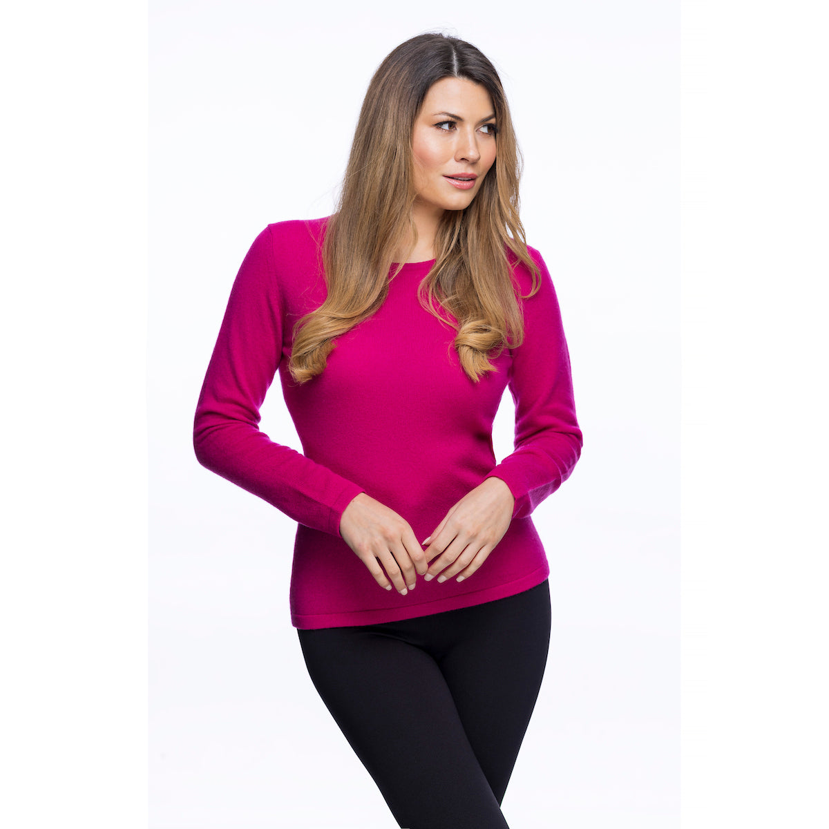 100% Cashmere Ladies Fashion Crew-Neck Jumper Fuchsia