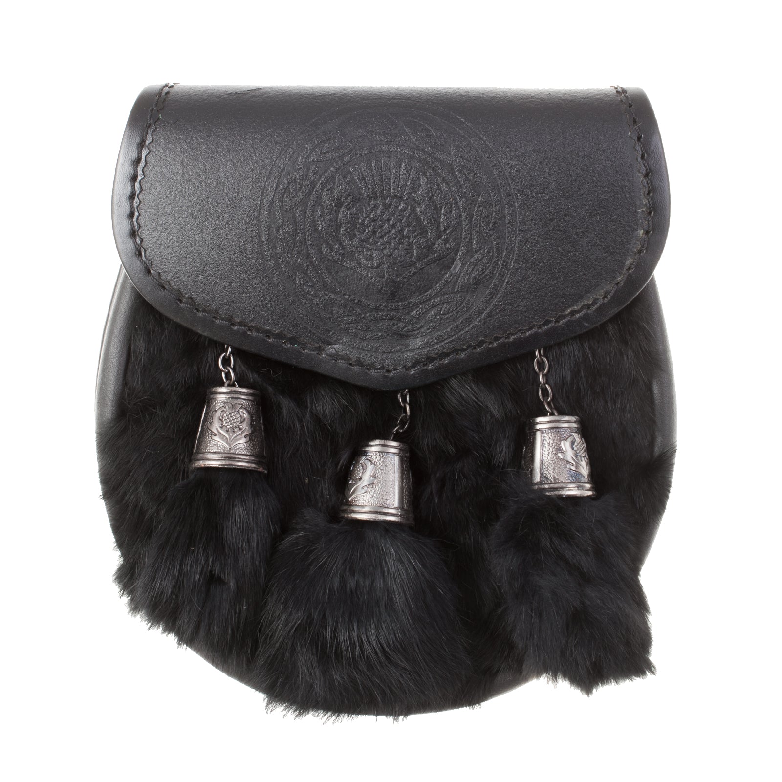 Half Dress Sporran Embossed Thistle With Celtic Circle, Antique Rabbit Fur (Black) / Antique Finish