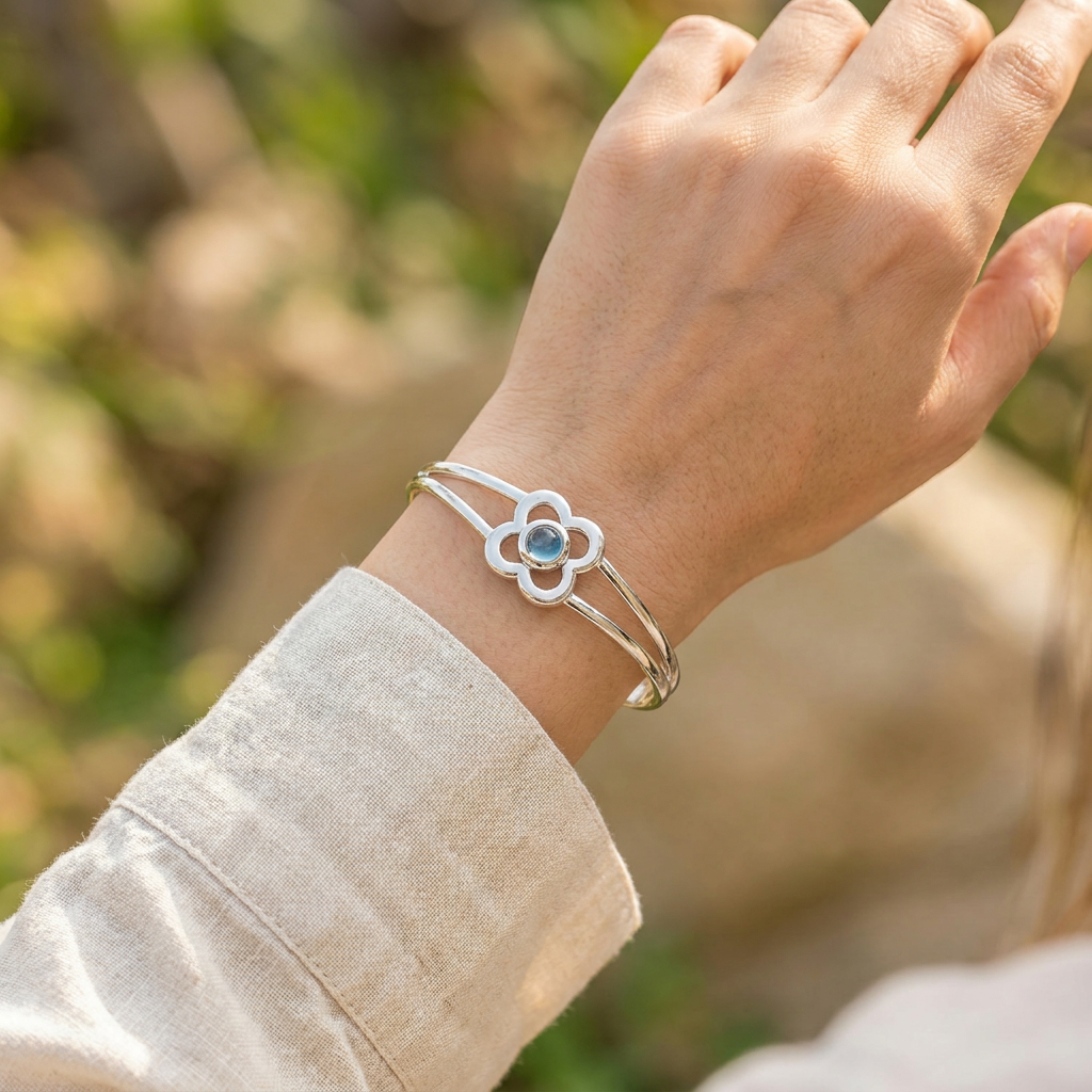 Art Pewter Birthstone Bangle - Silver Plated Pewter - Made in Scotland - March (Aquamarine)