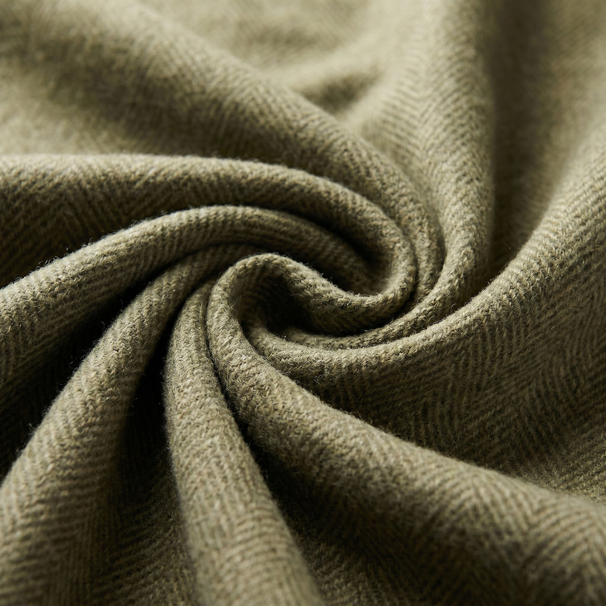 Recycled Wool Herringbone Blanket with Fringe - Soft Warm Throw - OLIVE