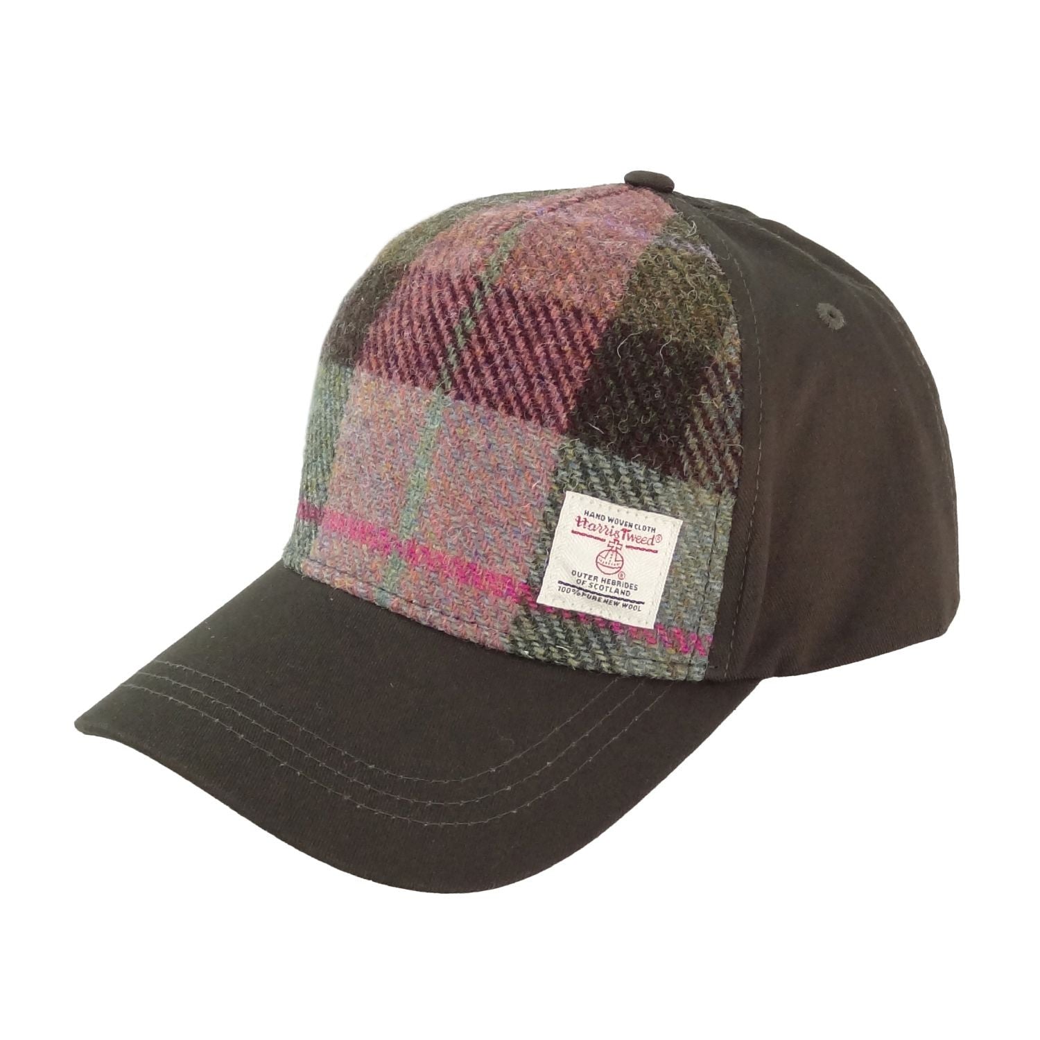 Harris Tweed and Cotton Baseball Cap - Adjustable Fit - Green & Rose Pink Tartan (COL137)