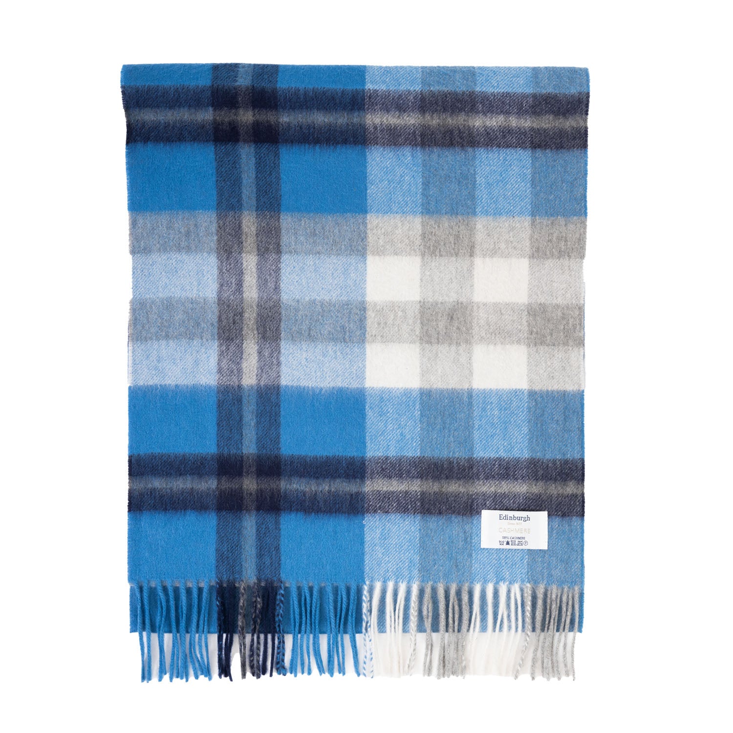 100% Cashmere Wide Tartan Scarf Scots Check - Kintyre Blue/Pewter
