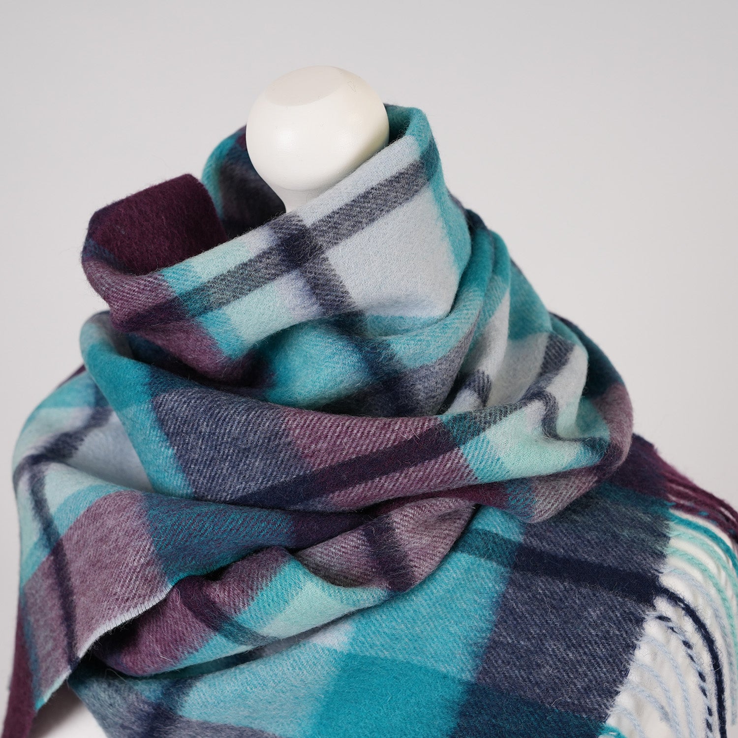 Edinburgh 100% Lambswool Tartan Scarf Myriad Check - Aqua/Navy/Bordeaux
