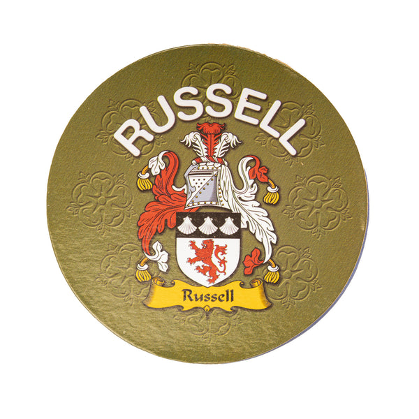 Clan/Family Name Round Cork Coaster Russell E