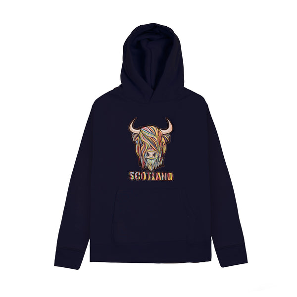 Kids Pastel Highland Cow Hooded Top Navy