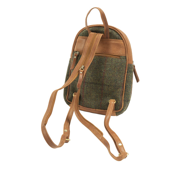 Ladies Ht Leather Zipped Backpack Dark Green Check / Tan