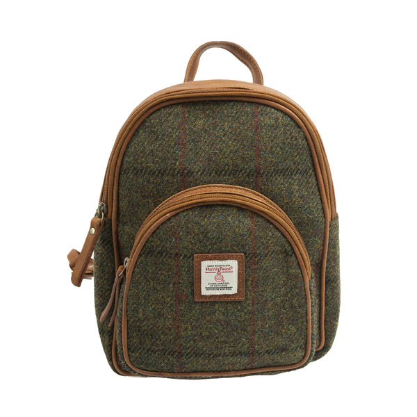 Ladies Ht Leather Zipped Backpack Dark Green Check / Tan