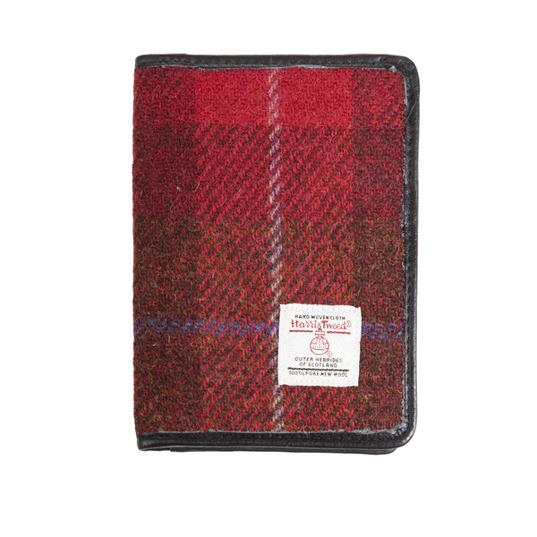 Harris Tweed Leather Passport Cover Red Check A / Black