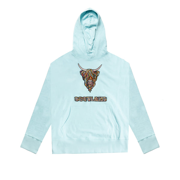 Colourful Highland Cow Embroidered Hooded Top - Aqua