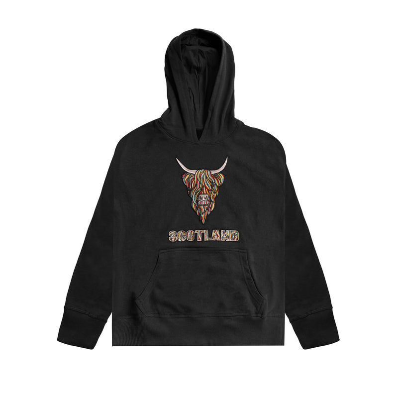 Colourful Highland Cow Embroidered Hooded Top - Black