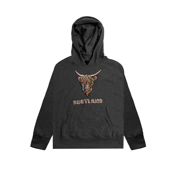 Colourful Highland Cow Embroidered Hooded Top - Charcoal