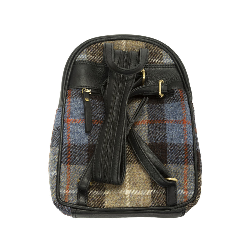Ladies Ht Leather Zipped Backpack Blue & Brown Check / Black