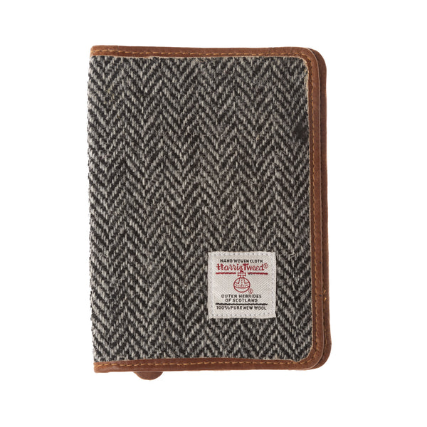 Harris Tweed Leather Passport Cover Black & White Herringbone / Tan