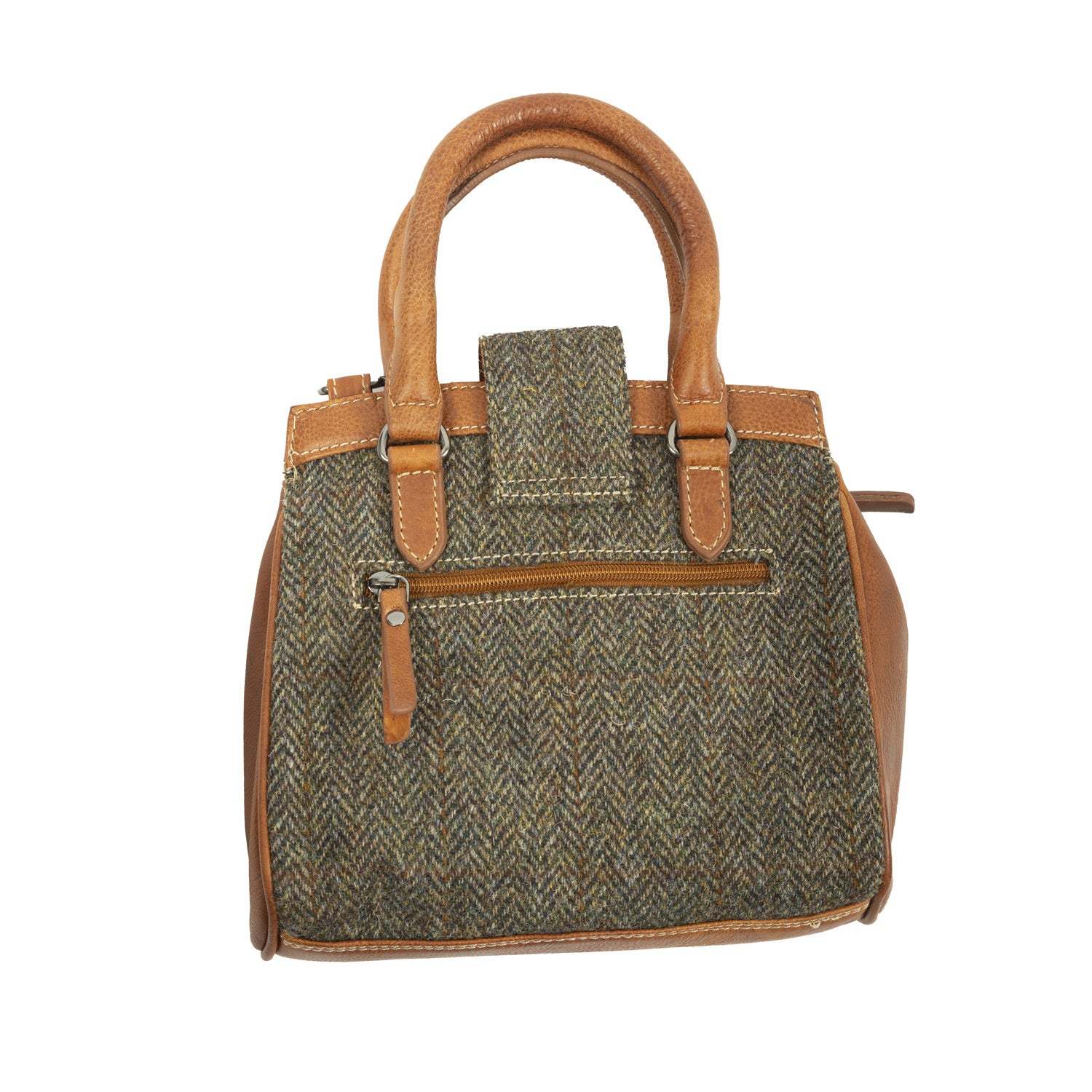Ht Leather Hand Bag With Flap Closer Brown Herringbone / Tan