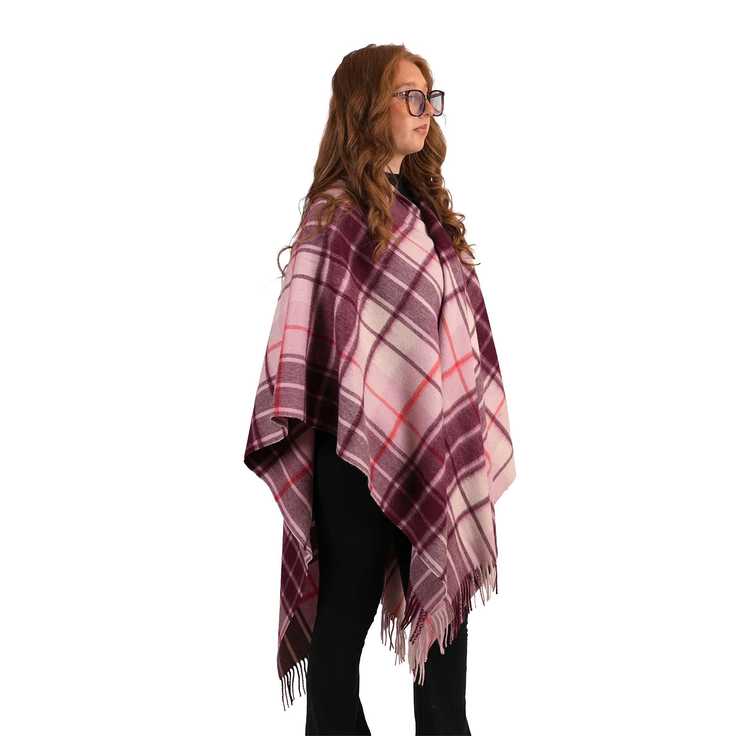 Edinburgh Lambswool Long Tartan Cape Mill Check Pink
